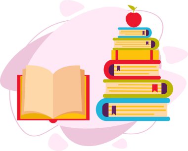 Bir yığın renkli kitap, bir elma ile.