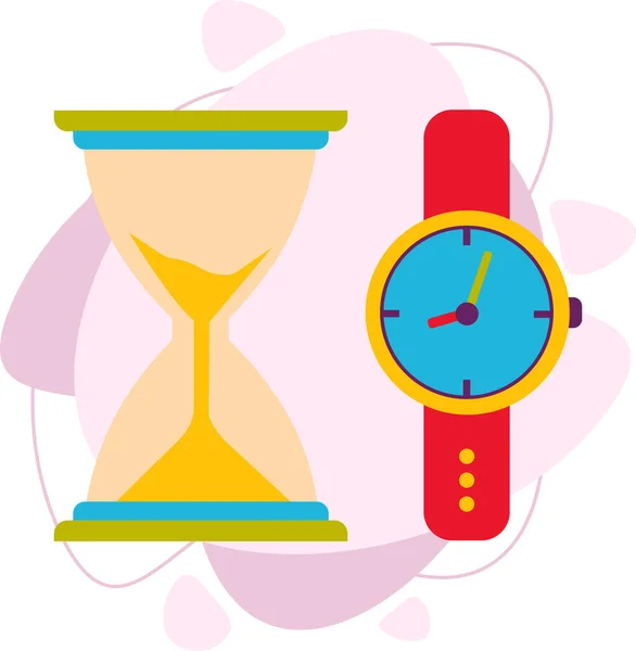 時間だ。砂時計と腕時計。平面ベクトル図. — ストックベクタ
