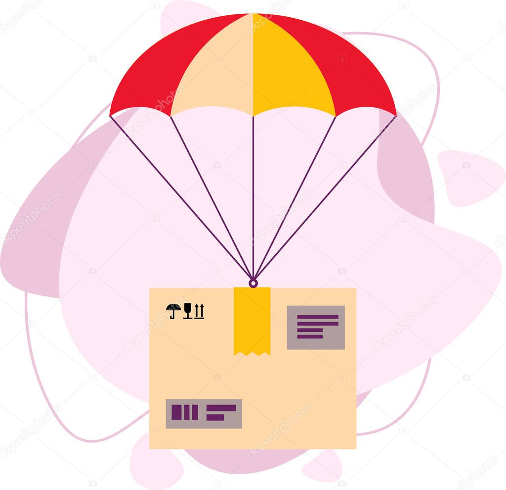 Parachutes delivering parcels. The box with the cargo is flying.