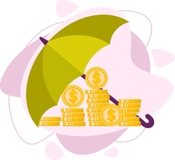 Money under the umbrella. Green umbrella, gold coins. — Vetor de Stock