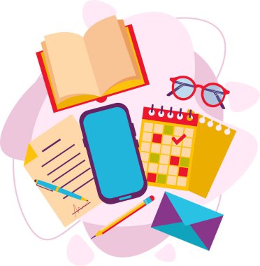 Açık kitap, belgeler, gözlükler, telefon, takvim. Ofis eşyaları. Düz vektör illüstrasyonu.