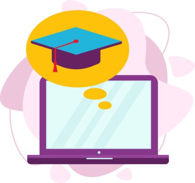 Çevrimiçi eğitim illüstrasyonu. Mezuniyet şapkalı bir laptop. Laptopunda öğrenci şapkası olan bir konuşma bulutu..