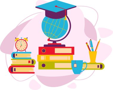 Öğrenci ya da öğrencinin çalışma yeri. Okul şeylerinin vektör illüstrasyonu. Kitaplar, çalar saat, dünya..