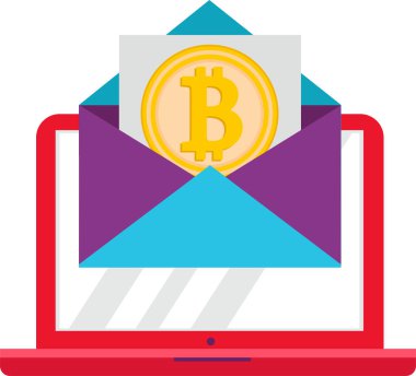 Bitcoin, laptop, zarf. Şifreli para transferi dijital. Dizüstü bilgisayar ekranında bir zarfta Bitcoin.