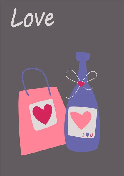 Una Bolsa Regalo Una Botella Champán Imagen Vectorial Estilo Boho — Vector de stock