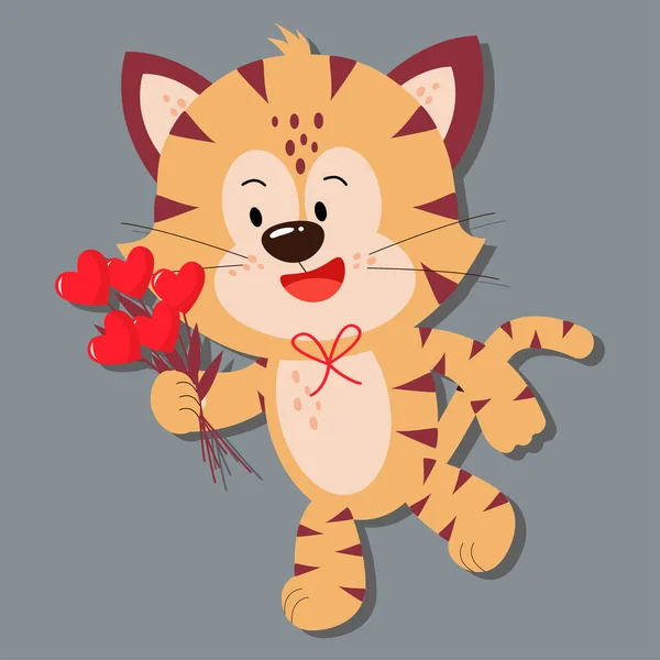 Tiger Runs Give Bouquet Flowers Hearts Day Love Valentine Day — Stock Vector
