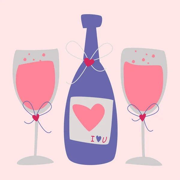 シャンパンとグラス ワイン一本 バレンタインカード 愛のベクトル記号 バレンタインデーよ 宝宝形式の絵葉書シリーズ — ストックベクタ