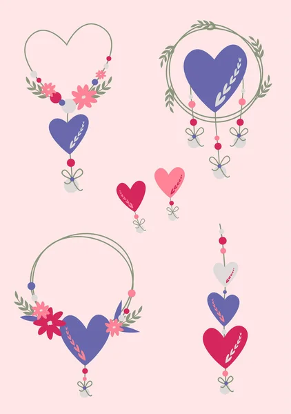 Decorative Elements Beads Hearts Vector Image Boho Style Valentine Day — Stock Vector