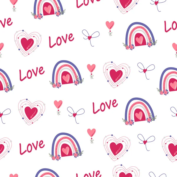 Simple Seamless Pattern Heart Rainbow Love Bow Valentine Day Background — Stock Vector