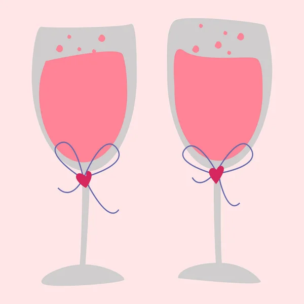 Two Glasses Pink Champagne Wine Vector Image Boho Style Valentine — Stock Vector