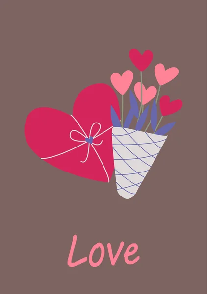 Regalo Forma Corazón Ramo Flores Imagen Vectorial Estilo Boho Día — Vector de stock