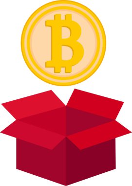 Kripto para kavramı. İzole edilmiş Bitcoin ikon vektör illüstrasyon tasarımı içeren karton kutu beyaz arkaplanda.