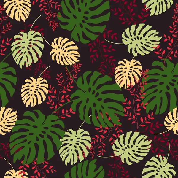 Motif floral sans couture à la mode. Feuilles roses, vertes et rouges sur fond noir. — Image vectorielle