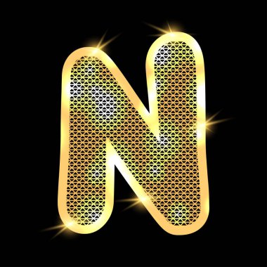 Koyu arkaplanlı altın alfabe. N harfi.