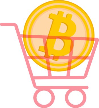 Bitcoin ile bir süpermarket alışveriş arabası konsepti satın almak. Alışveriş arabasında kripto para var. Vektör resmi.