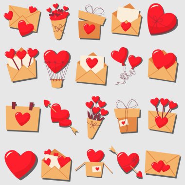 Bir dizi aşk çıkartması. Zarflar, kalpler. Cep telefonu mesajları, sohbetler, sosyal ağlar, ağlar, web tasarımı için sevimli ve komik etiketler. Sevgililer günü için çıkartmalar, düğün, aşk.