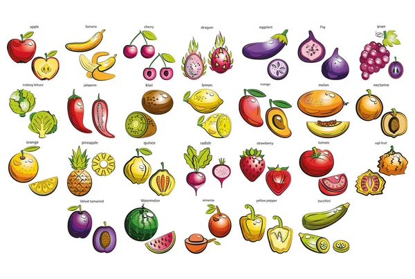 Conjunto Legumes Frutas Bagas Legumes Frescos Desenhados Mão Frutas Bagas —  Vetores de Stock