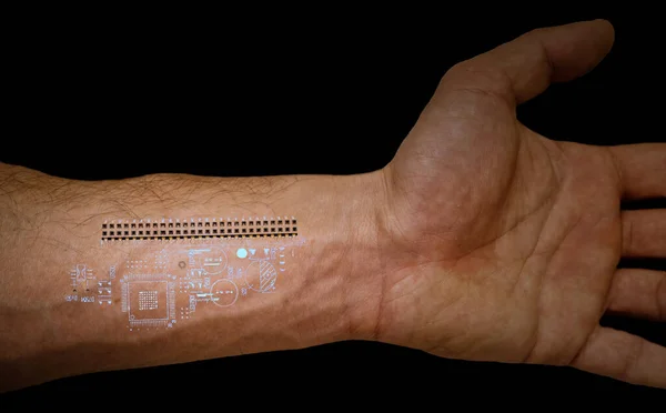 Human Hand Whit Microchipped Microchip Black Background Innovation Science Tech Stockbild