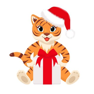 Hediyesi olan şirin bir kaplan yavrusu. Vektör çizgi film illüstrasyonu.