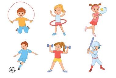 Çocuklar spor yapıyor ve farklı sporlar yapıyor. Vektör düz resimleme.