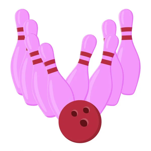 Bowling pinos roxos e bola vermelha. Ilustração vetorial. — Vetor de Stock
