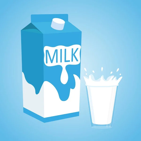 Bolsa y vaso de leche sobre fondo azul. Dibujos animados vectoriales ilustración. — Vector de stock