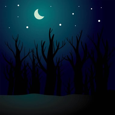 Ürkütücü ve ürkütücü cadılar bayramı arkaplanı geceleri kuru, ölü bir orman silueti, koyu mavi gökyüzü ve ay ışığından oluşuyor.. 