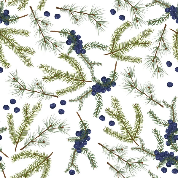 Seamless winter pattern, composition of fir and pine branches, blue berries on a white background, excellent wrapping paper