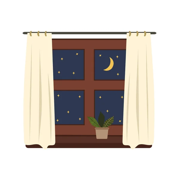 Vector Window Night Houseplant Windowsill Vis Window Starry Sky Quiet — Stock Vector