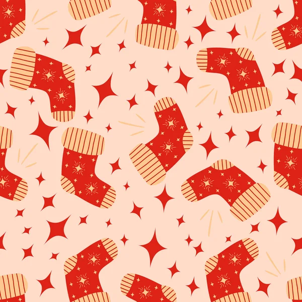 クリスマスソックスと星とシームレスなクリスマスの背景 シームレスなパターン 冬休みの陽気な食感 平漫画スタイルでベクトルイラスト 冬の休日 — ストックベクタ