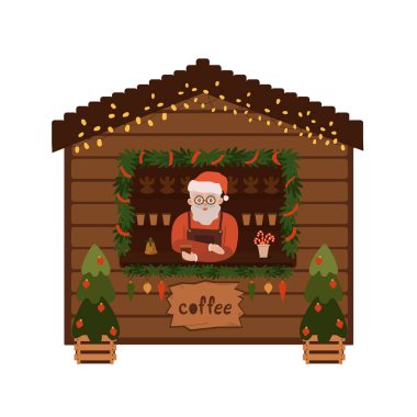Noel Fuarı. Şenlikli bir kış pazarı. Şenlikli bir dekor, çelenkler, hediyeler. Dükkandaki Noel Baba müşterilere hizmet ediyor. Sıcak kahve koyuyor. Düz elle çizilmiş çizgi film tarzında rahat vektör çizimi