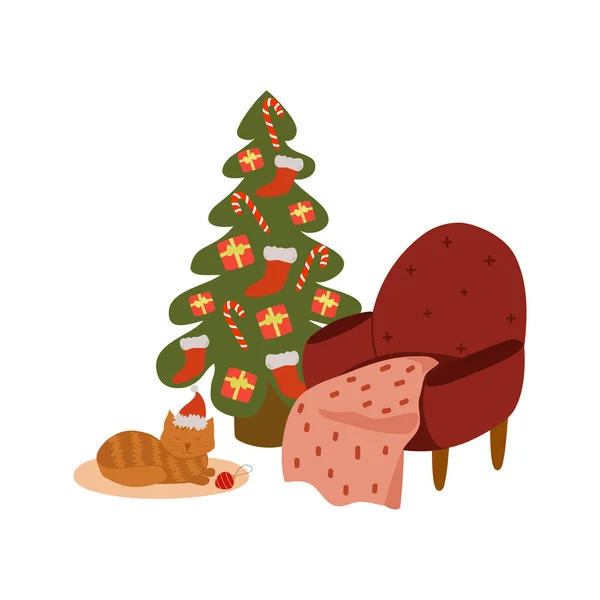 Acogedor Sillón Con Una Manta Cerca Del Árbol Navidad Gato — Archivo Imágenes Vectoriales