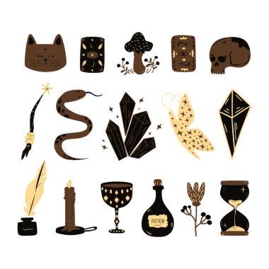 Vektör büyücülüğü, sihirli okült elementler, kitap, iksir, yılan, sihirli değnek, kristaller, kafatası. Esrarengiz sihir tırmanışları koleksiyonu. Çizgi film çizimi. Beyaz arkaplan üzerinde izole edilmiş