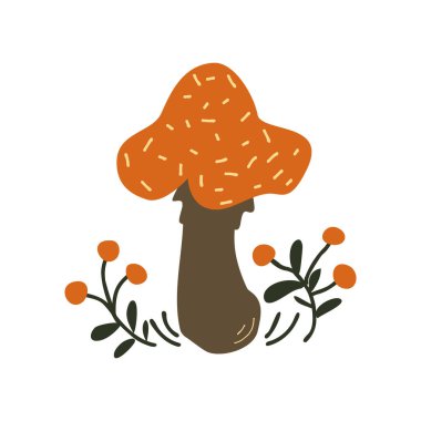 Komik sihirli mantar mantarı mantarı. İksir için mistik bir bitki. Mantar ve dut. Çizgi film tarzında vektör illüstrasyonu