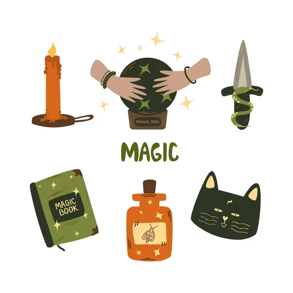 Magie Mystieke Elementen Artikelen Voor Waarzeggerij Magie Trendy Vectorillustratie Handgetekende — Stockvector
