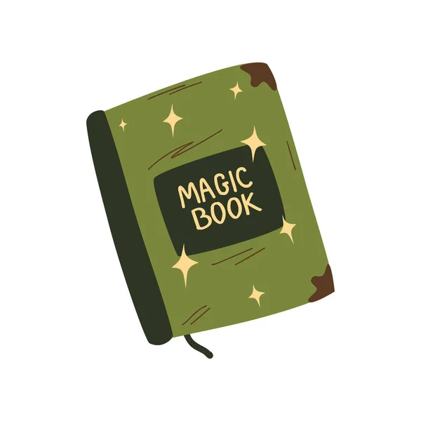 Libro Místico Mágico Equipo Brujería Libro Verde Los Hechizos Ilustración — Vector de stock