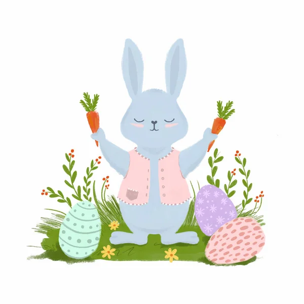 Весенний Пасхальный Кролик Лужайке Цветами Пасхальный Кролик Морковью Покрашенными Яйцами — стоковое фото