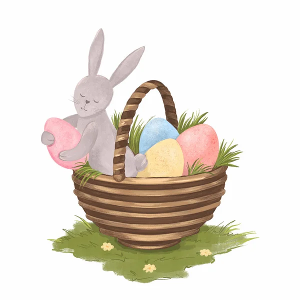 芝生の上のイースターバスケットに座っているイースターバニーのイラスト かわいいウサギがカラフルな卵とイースターバスケットに座っています — ストック写真