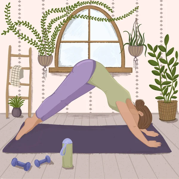 Yoga studio. A young girl is doing yoga exercises on the mat. Boho studio interior for yoga practices. Nice space. hand drawn raster illustration