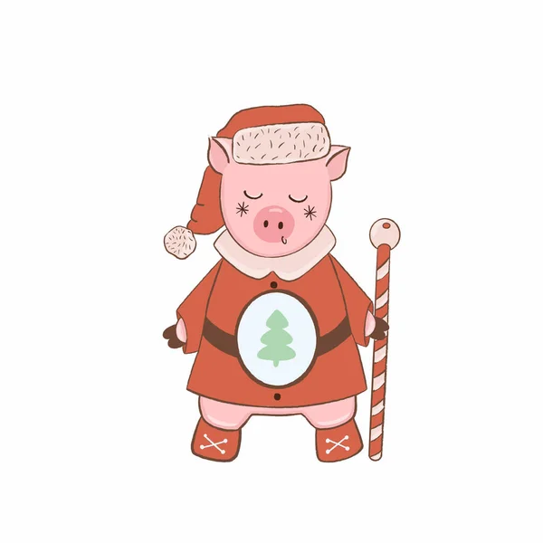 Domuz Noel Baba Çizgi Film Karakterinin Çizimi Noel Baba Kostümlü — Stok fotoğraf