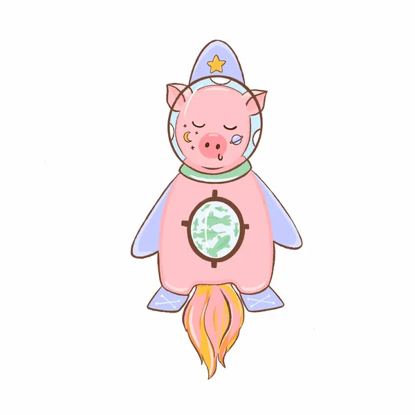 Pig Astronaut Cartoon Character Hand Drawn Illustration Funny Pig Rocket — Stock Photo, Image