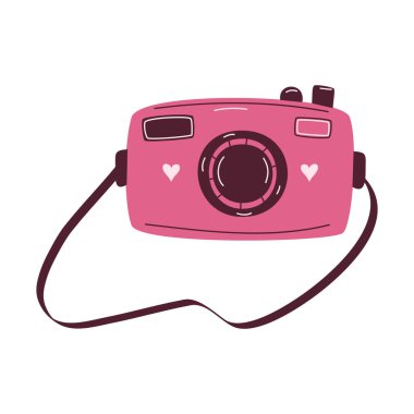 Kalpli sevimli fotoğraf makinesi pembe rengi. Çizgi film tarzında vektör illüstrasyonu. Aşk teması. Sevgililer Günü