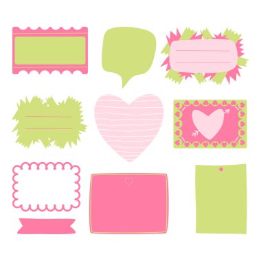 Güzel el çizimi etiketler. Kağıt, kayıtlar için notlar. Çok renkli çıkartma parçaları seti. Düz çizgi film tarzında şirin vektör çizimi.