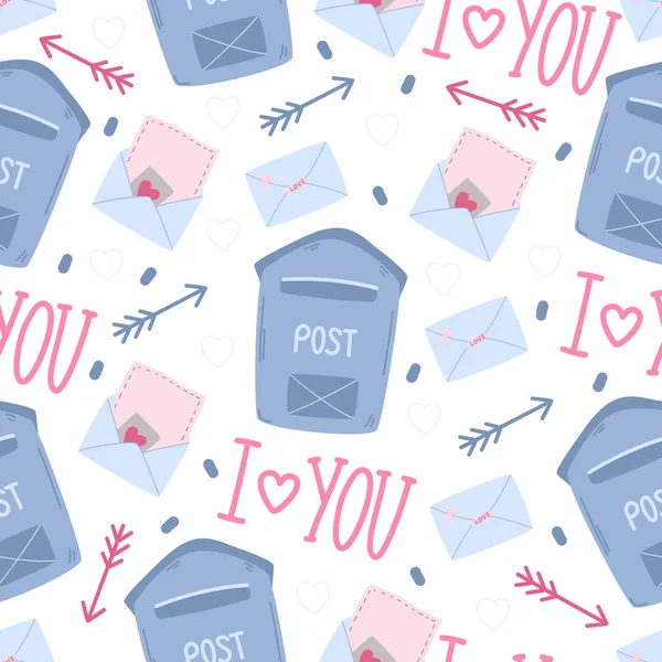 シームレスなパターン 郵便物だ メールボックス ロマンチックなテーマ バレンタインデー 包装紙だ 平面漫画風のベクトルイラスト — ストックベクタ