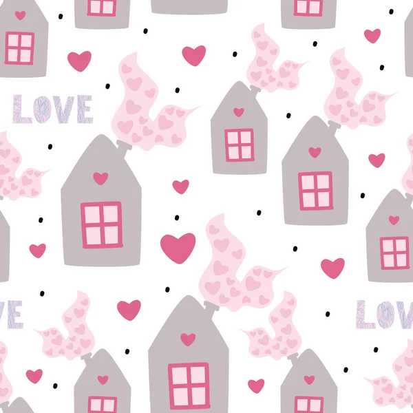 Home Heart Cute Seamless Pattern Amorous Houses Valentine Day Children — Stock Vector