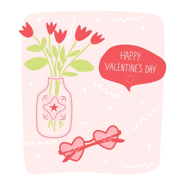 Alles Gute Zum Valentinstag Nette Vektorillustration Der Vase Mit Tulpen — Stockvektor