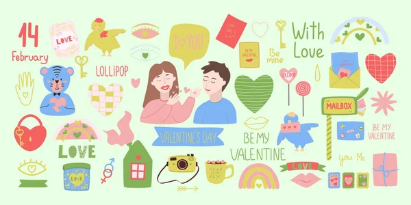 Conjunto Elementos Para Dia Dos Namorados Casal Amoroso Coração Casa — Vetor de Stock