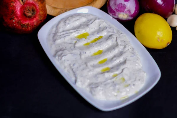 Dairy products - delicious healthy dairy products on the table: sour cream in a white bowl, curd bowl, in a milk bowl — Stock Photo, Image