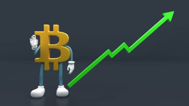 Green arrows points up as Bitcoin BTC price rises. Cryptocurrency prices grow, high risk - high profits concept. 3D rendering.