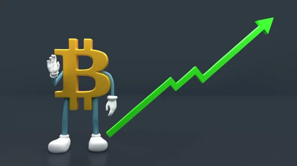 Bitcoin BTC fiyatları artarken yeşil oklar yükseliyor. Kripto para birimi fiyatları artar, yüksek risk - yüksek kar kavramı. 3B görüntüleme.